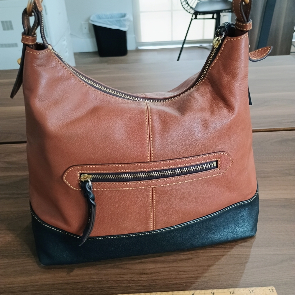 Dooney & Bourke Tan and Black Leather Hobo Bag - Picture 2 of 15